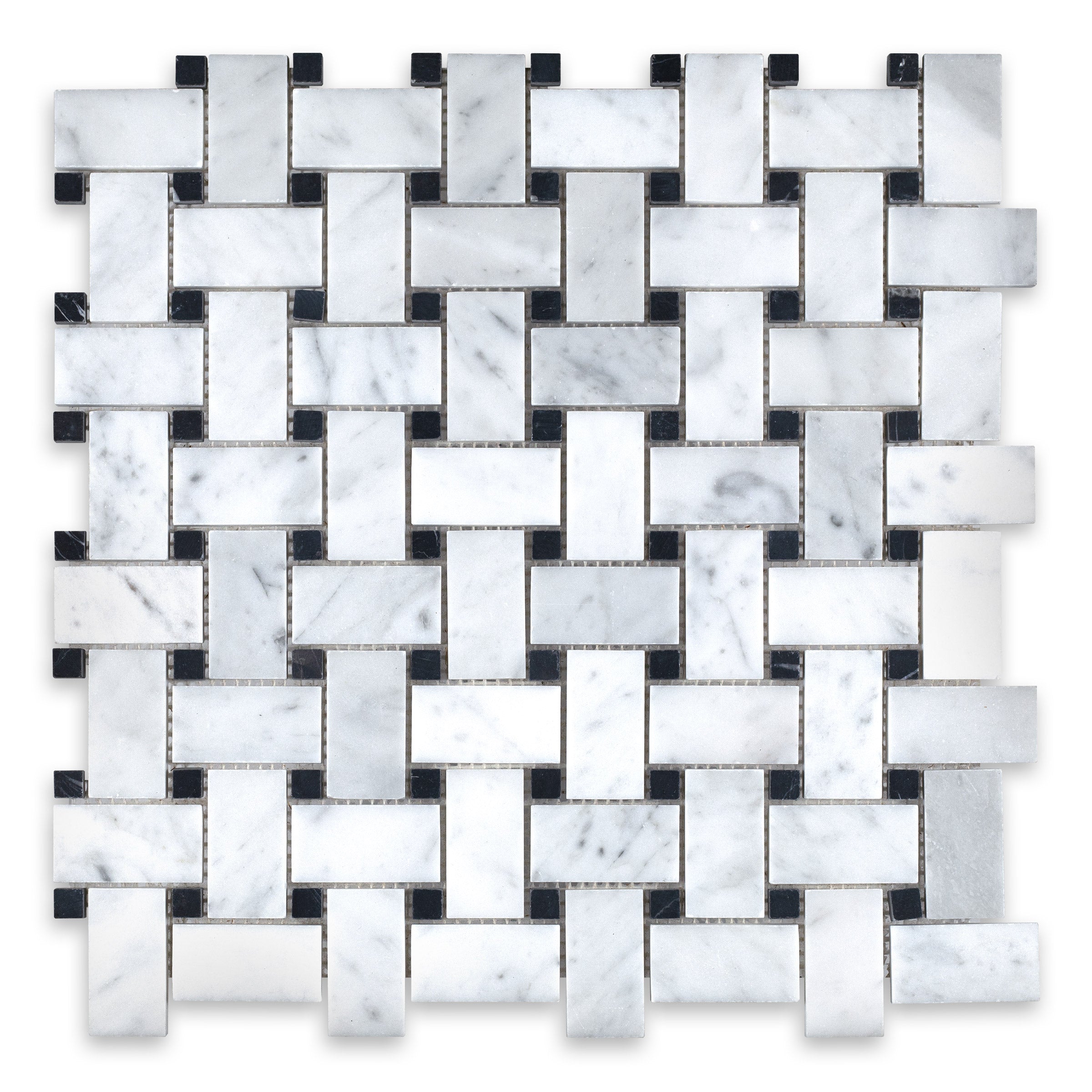 WHITE CARRARA: Marble Black Dot Basketweave Mosaic (12"x12"x3/8" | Honed)