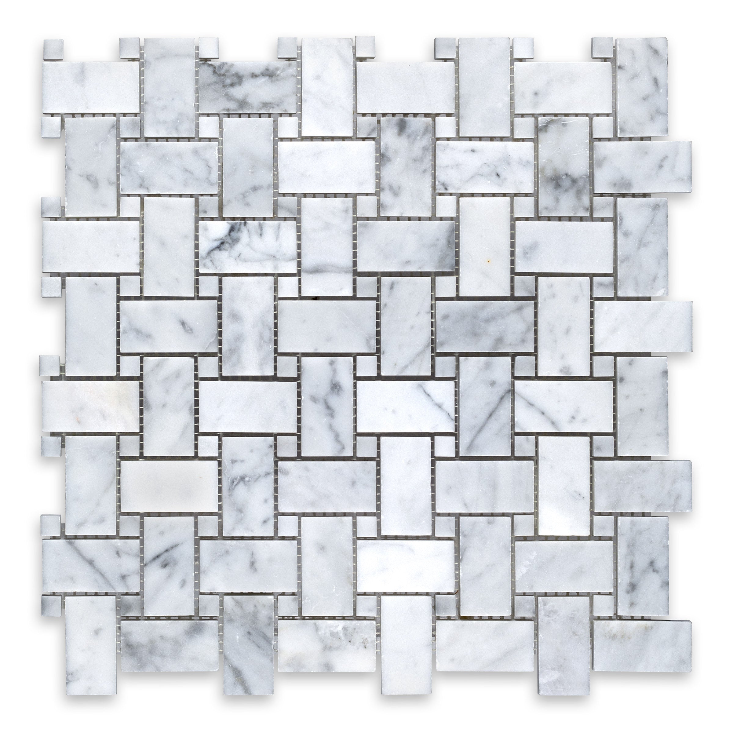 WHITE CARRARA: Marble White Dot Basketweave Mosaic (12"x12"x3/8" | Polished)