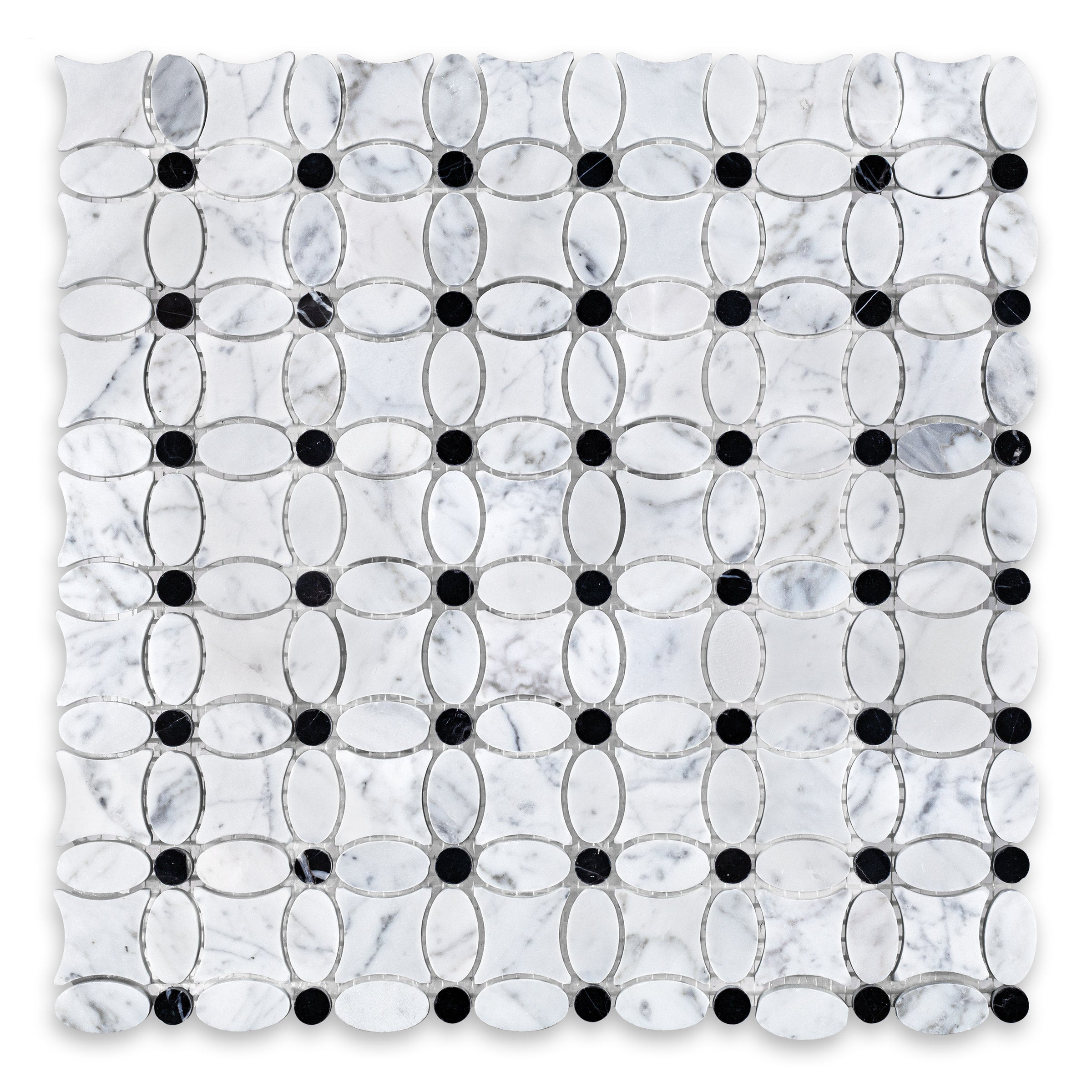 WHITE CARRARA: Marble Flower  Black Dot Mosaic (13"x13"x3/8" | Honed)