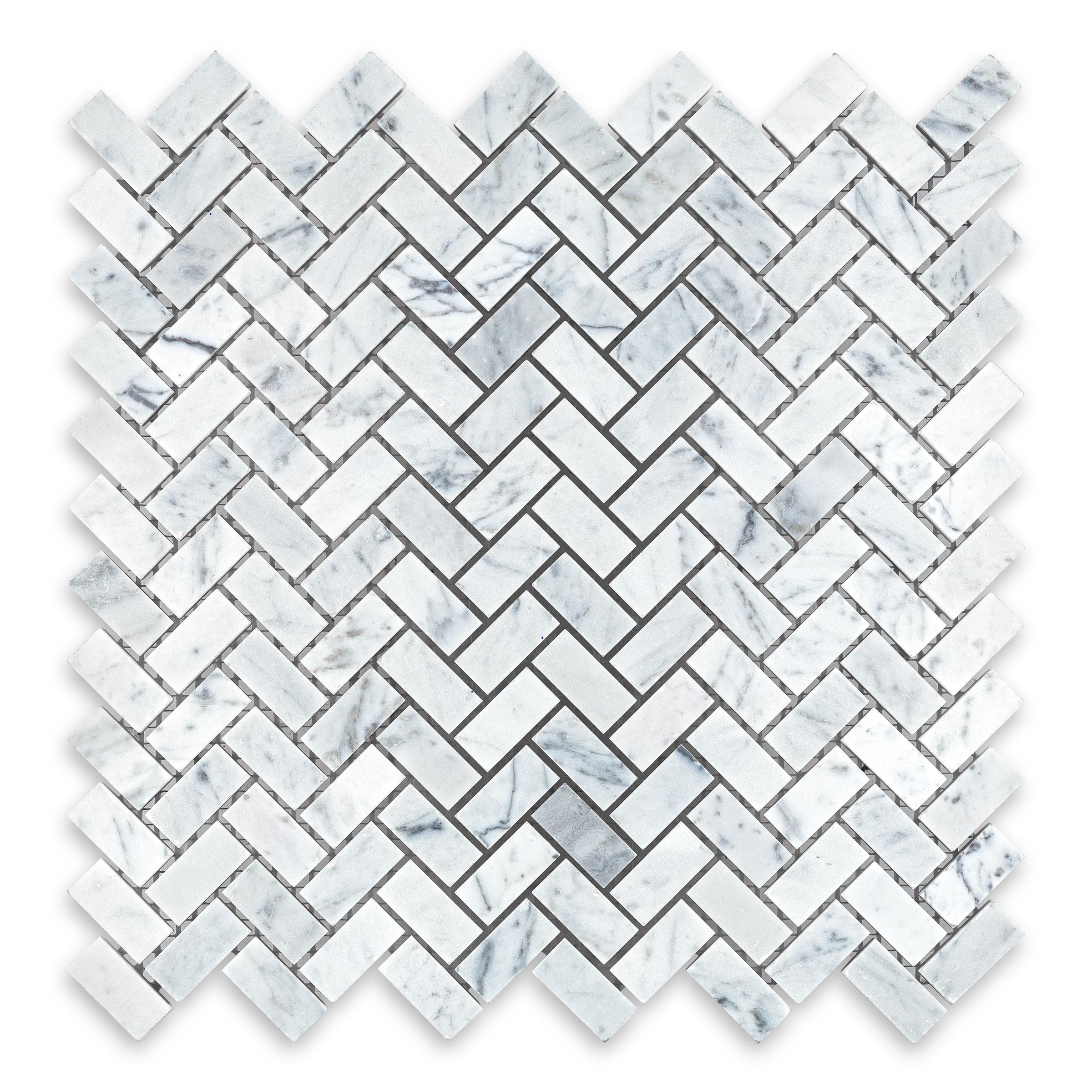 WHITE CARRARA: Marble 5/8"x1-1/4" Herringbone Mosaic (11 3/8"x11 3/8"x3/8" | Polished)