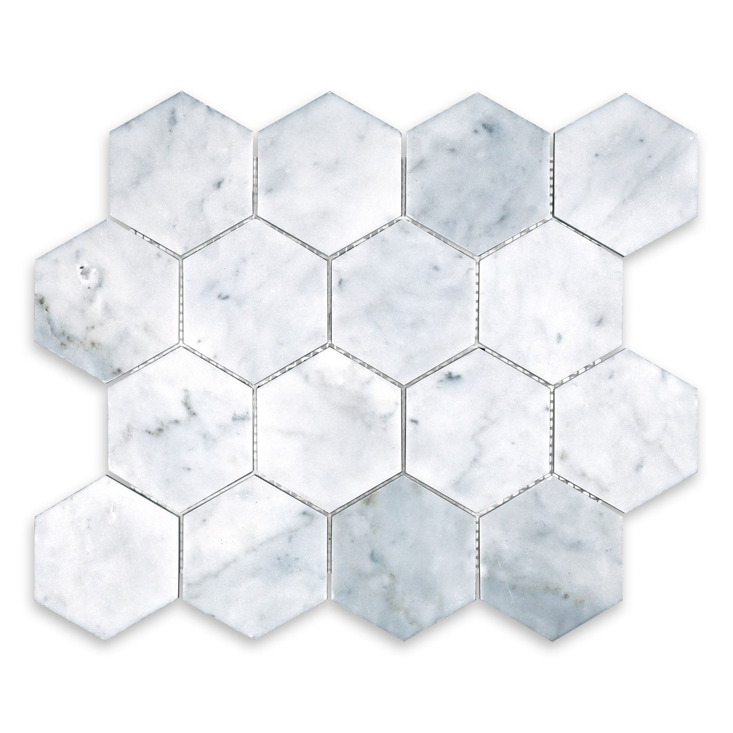 WHITE CARRARA: Marble 3" Hexagonal Mosaic (10 1/4"x11 3/4"x3/8" | Polished)