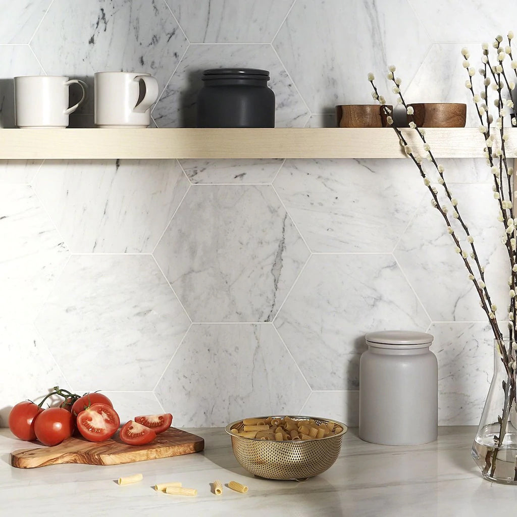 WHITE CARRARA: Marble 3" Hexagonal Mosaic (10 1/4"x11 3/4"x3/8" | Polished)