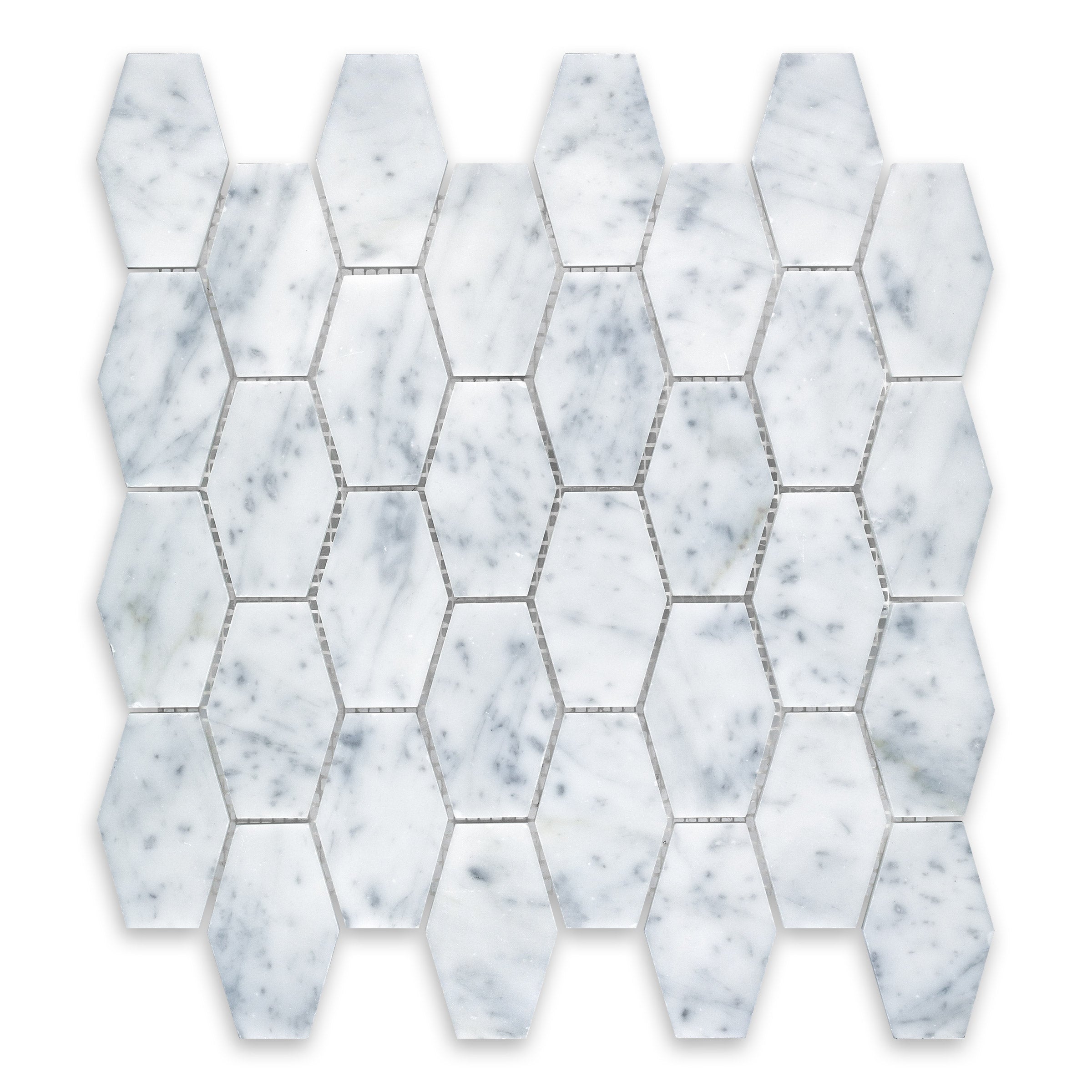 WHITE CARRARA: Marble 2"x3" Long Hex Mosaic (12"x12"x3/8" | Polished)