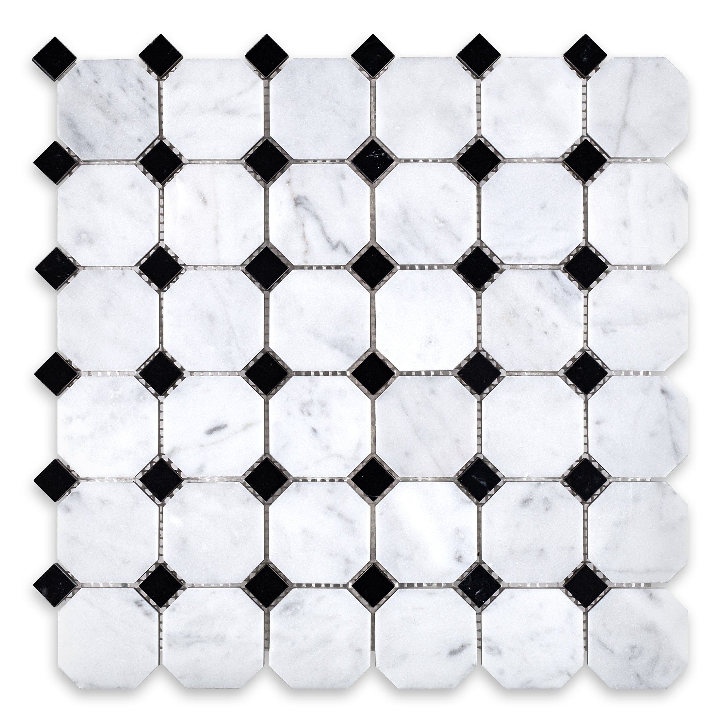 WHITE CARRARA: Marble Black Dot  Octagonal Mosaic (11 3/4"x11 3/4"x3/8" | Polished)