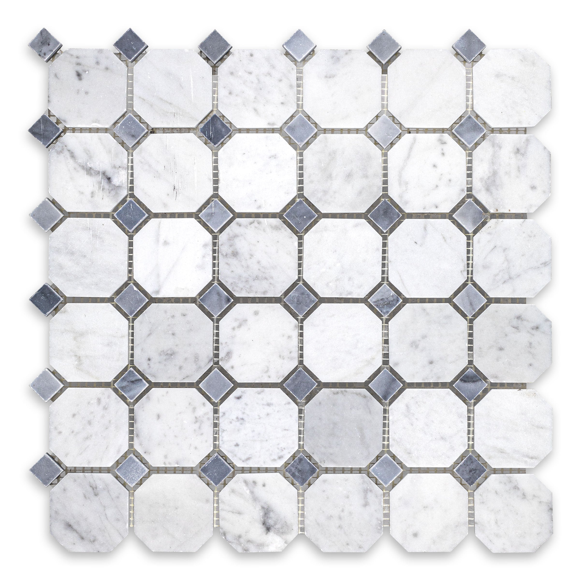 WHITE CARRARA: Marble Blue Dot Octagonal Mosaic (11 3/4"x11 3/4"x3/8" | Polished)