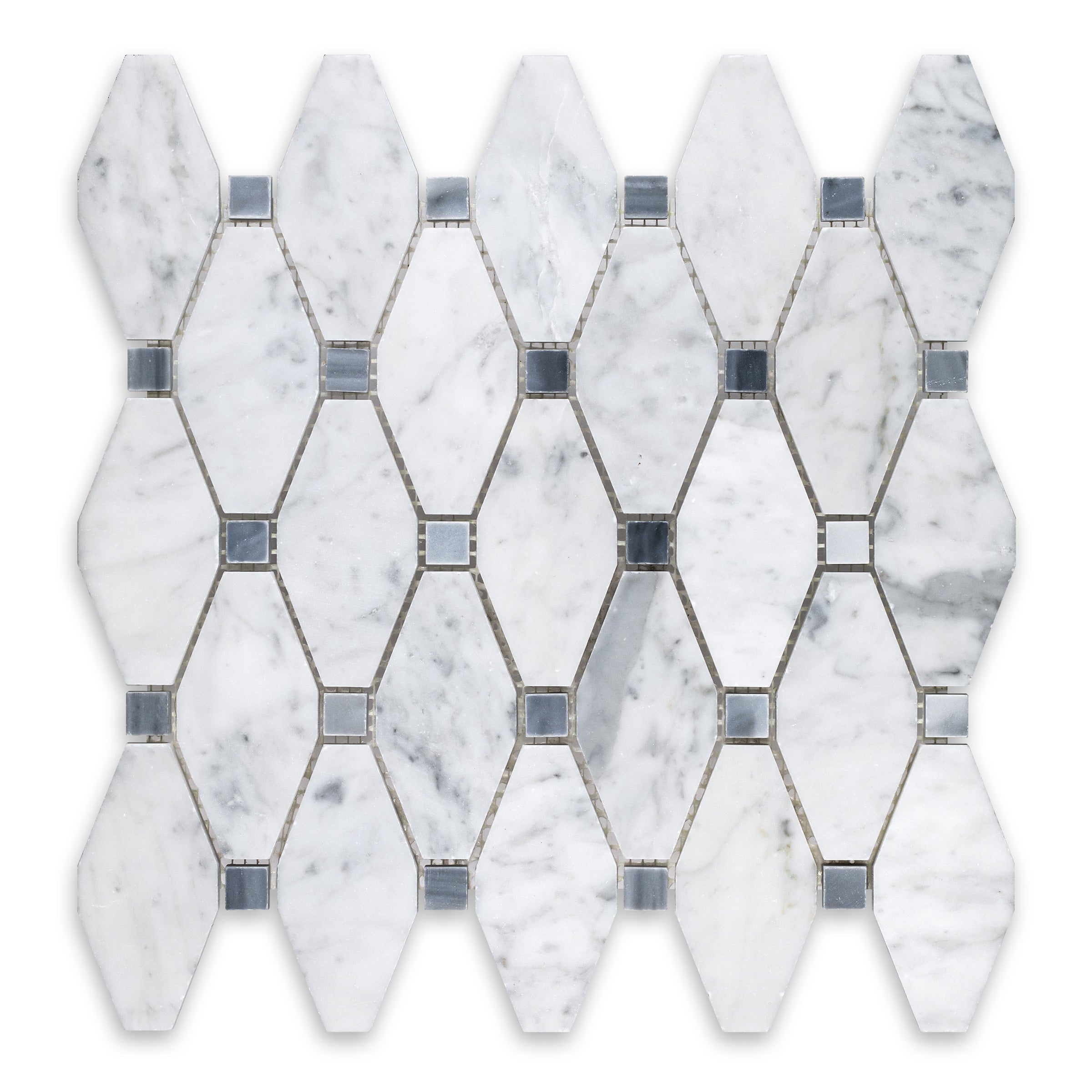 WHITE CARRARA: Marble Grey Clip Diamond Lattice Mosaic (11 1/2"x12"x3/8" | Honed)