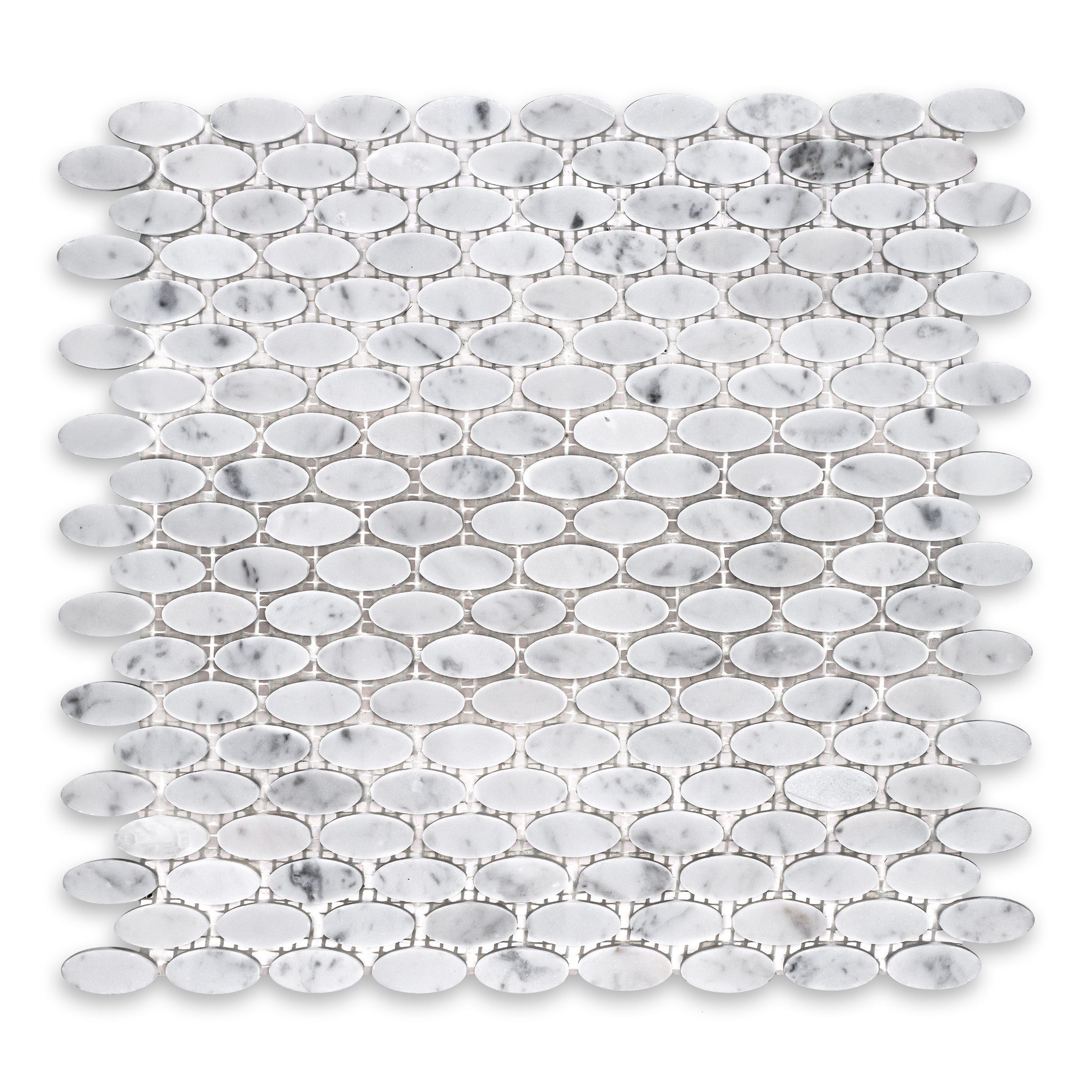 WHITE CARRARA: Marble 5/8"x1" Oblong Offset Mosaic (11 7/8"x11 7/8"x3/8" | Polished)
