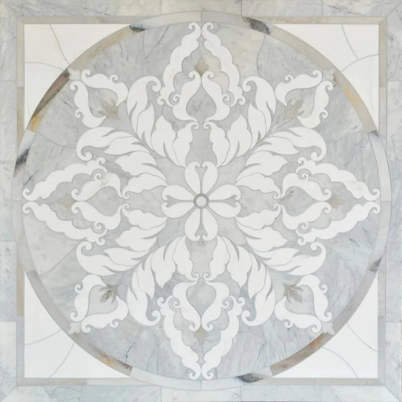 talia avenza light skyline snow white medallions rumi marble mosaic 48x48x3_8 multi finish distributed by surface group