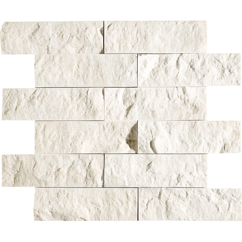 desert cream marble staggered joint 2 by 6 inch rectangle shape natural stone mosaic sheet rockface 12 by 14 by random straight edge for interior and exterior applications in shower kitchen bathroom backsplash floor and wall produced by marble systems and distributed by surface group international