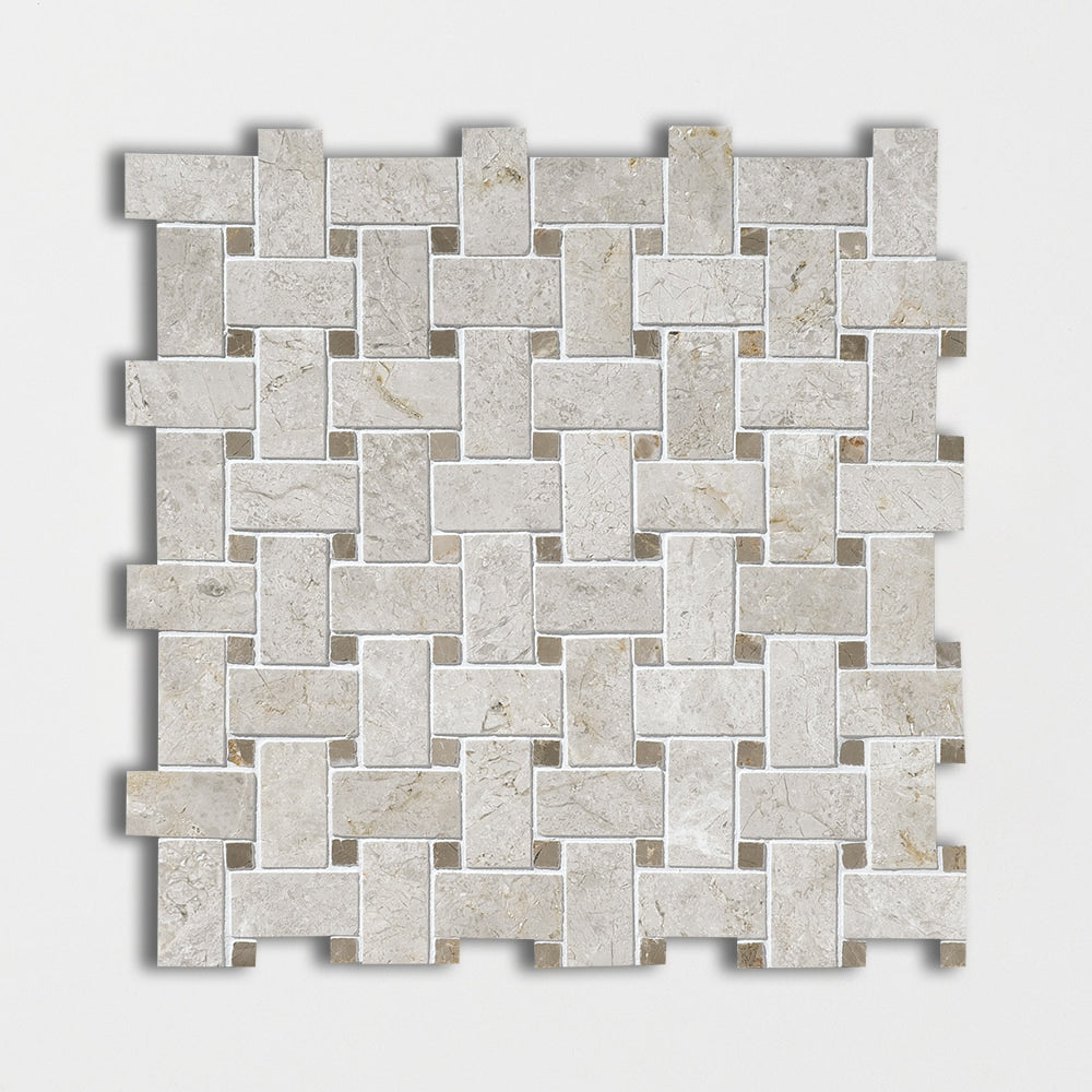 silver clouds  allure marble tabacco basketweave 1 by 2 inch rectangle shape natural stone mosaic sheet polished finish 12 by 12 by 3 of 8 straight edge for interior and exterior applications in shower kitchen bathroom backsplash floor and wall produced by marble systems and distributed by surface group international