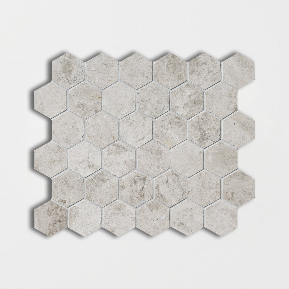 silver clouds marble hexagon shape shape natural stone mosaic sheet polished finish 10 and 3 of 8 by 12 by 3 of 8 straight edge for interior and exterior applications in shower kitchen bathroom backsplash floor and wall produced by marble systems and distributed by surface group international