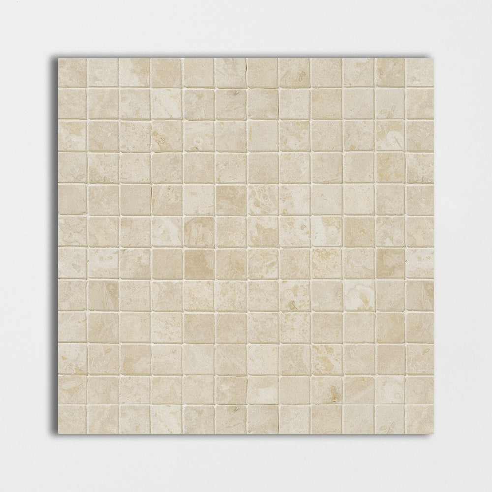 ivory travertine straight edge joint 1 by 1 inch square shape natural stone mosaic sheet honed finish patika filled 12 by 12 by 3 of 8 straight edge for interior and exterior applications in shower kitchen bathroom backsplash floor and wall produced by marble systems and distributed by surface group international