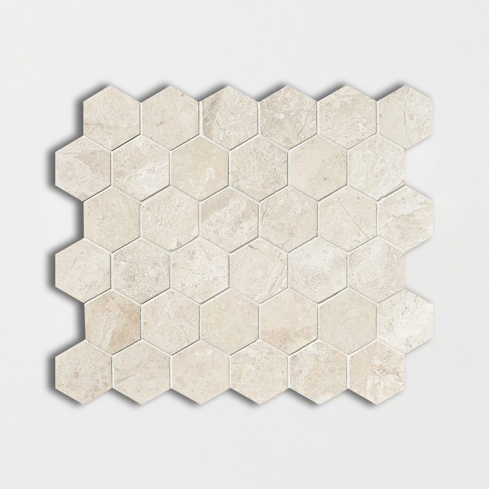 diana royal marble hexagon shape shape natural stone mosaic sheet polished finish 10 and 3 of 8 by 12 by 3 of 8 straight edge for interior and exterior applications in shower kitchen bathroom backsplash floor and wall produced by marble systems and distributed by surface group international