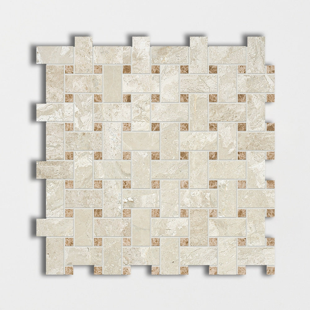 diana royal paradise marble basketweave 1 by 2 inch multi shape natural stone mosaic sheet polished finish 12 by 12 by 3 of 8 straight edge for interior and exterior applications in shower kitchen bathroom backsplash floor and wall produced by marble systems and distributed by surface group international