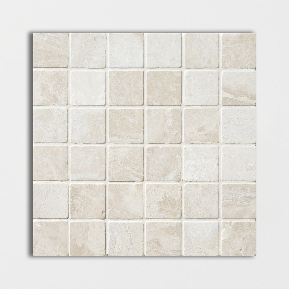 diana royal marble straight edge joint 2 by 2 inch square shape natural stone mosaic sheet tumbled finish 12 by 12 by 3 of 8 tumbled finish for interior and exterior applications in shower kitchen bathroom backsplash floor and wall produced by marble systems and distributed by surface group international