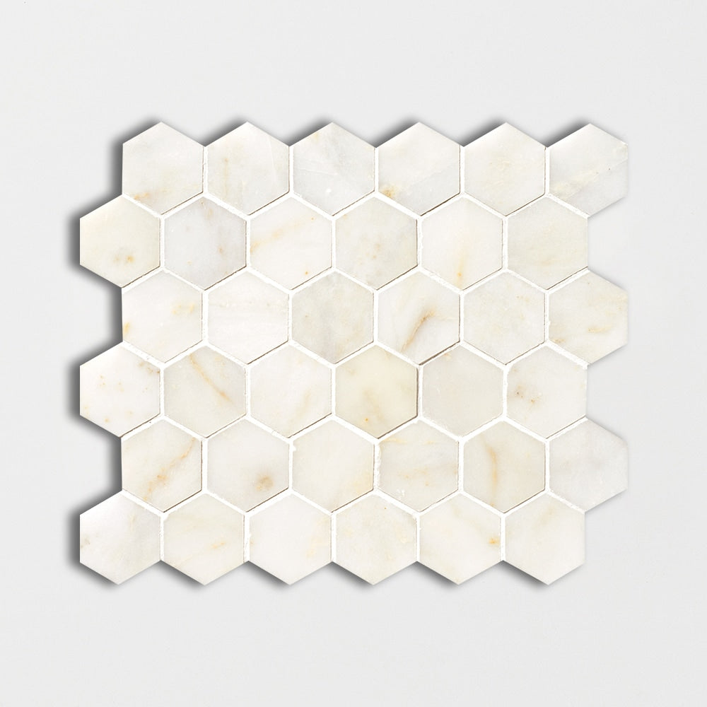 afyon sugar marble hexagon shape shape natural stone mosaic sheet polished finish 10 and 3 of 8 by 12 by 3 of 8 straight edge for interior and exterior applications in shower kitchen bathroom backsplash floor and wall produced by marble systems and distributed by surface group international