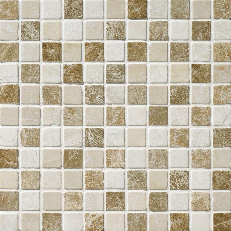 milano blend marble straight edge joint 1 by 1 inch square shape natural stone mosaic sheet tumbled finish 12 by 12 by 3 of 8 tumbled finish for interior and exterior applications in shower kitchen bathroom backsplash floor and wall produced by marble systems and distributed by surface group international