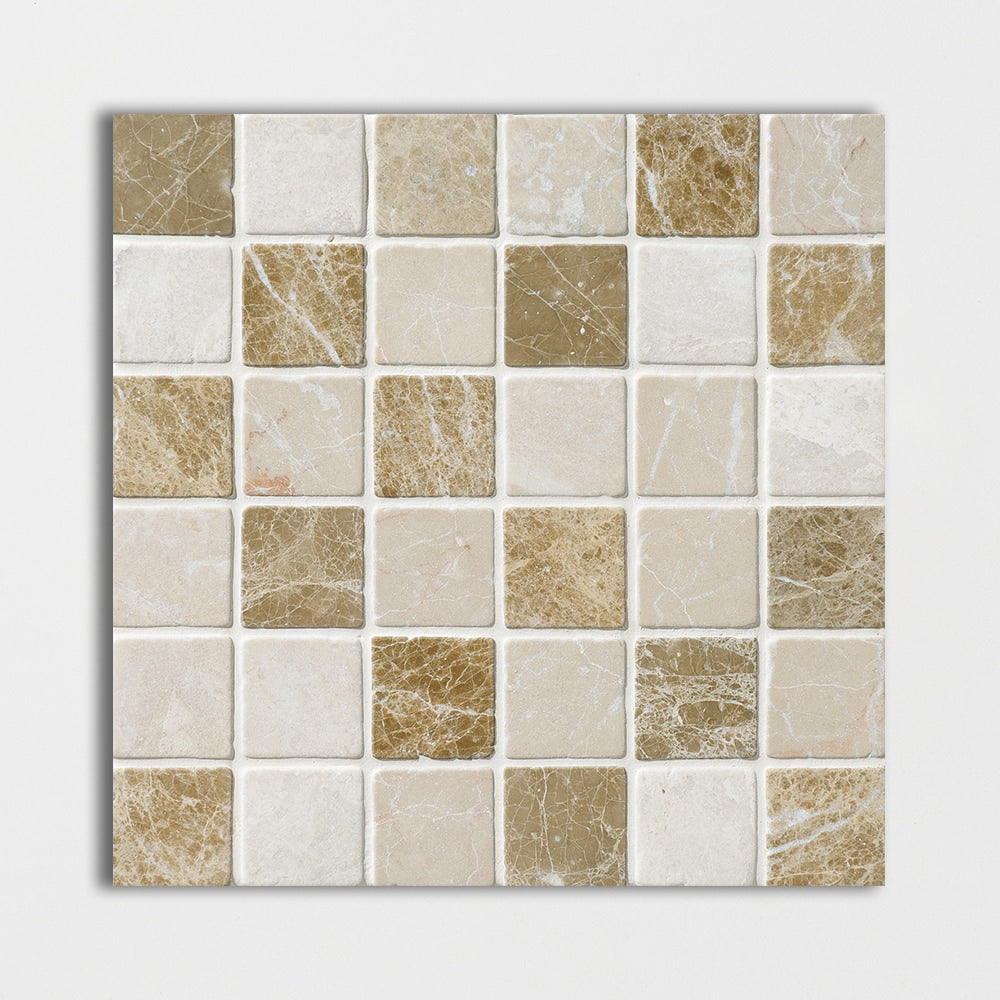 milano blend marble straight edge joint 2 by 2 inch square shape natural stone mosaic sheet tumbled finish 12 by 12 by 3 of 8 tumbled finish for interior and exterior applications in shower kitchen bathroom backsplash floor and wall produced by marble systems and distributed by surface group international