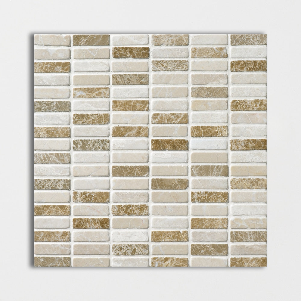 milano blend marble straight edge joint 5 of 8 by 2 inch rectangle shape natural stone mosaic sheet tumbled finish 12 by 12 by 3 of 8 tumbled finish for interior and exterior applications in shower kitchen bathroom backsplash floor and wall produced by marble systems and distributed by surface group international