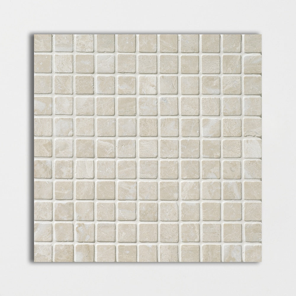 diana royal marble straight edge joint 1 by 1 inch square shape natural stone mosaic sheet tumbled finish 12 by 12 by 3 of 8 tumbled finish for interior and exterior applications in shower kitchen bathroom backsplash floor and wall produced by marble systems and distributed by surface group international