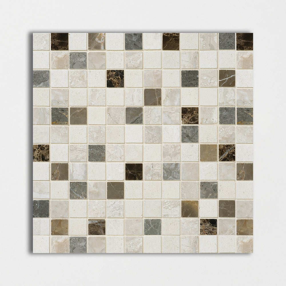 florence blend marble straight edge joint 1 by 1 inch square shape natural stone mosaic sheet honed finish polished finish 12 by 12 by 3 of 8 straight edge for interior and exterior applications in shower kitchen bathroom backsplash floor and wall produced by marble systems and distributed by surface group international