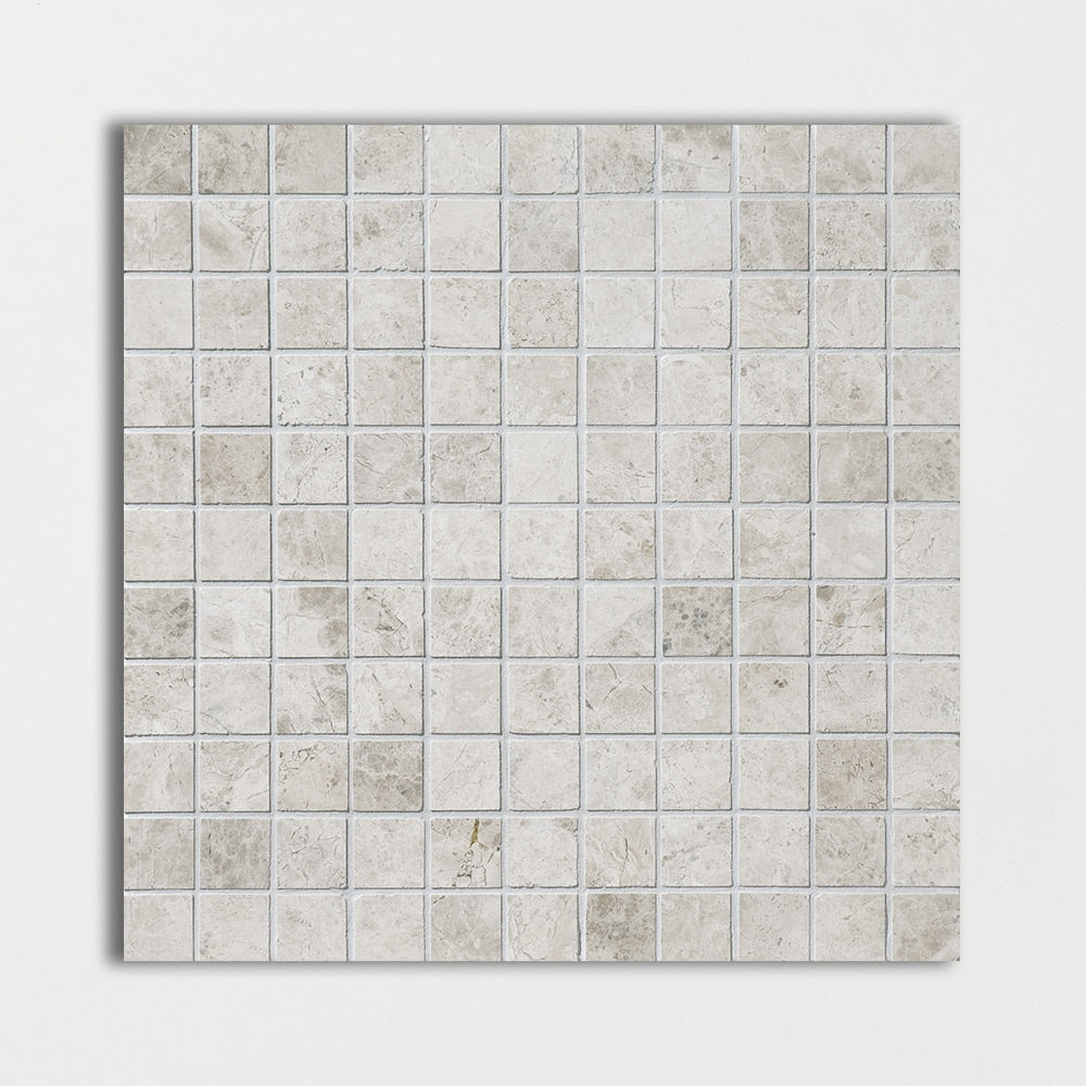 silver clouds marble straight edge joint 1 by 1 inch square shape natural stone mosaic sheet polished finish 12 by 12 by 3 of 8 straight edge for interior and exterior applications in shower kitchen bathroom backsplash floor and wall produced by marble systems and distributed by surface group international