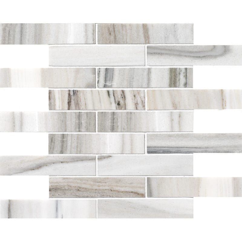 skyline marble staggered joint 1 by 6 inch rectangle shape natural stone mosaic sheet polished finish 12 by 12 by 3 of 8 straight edge for interior and exterior applications in shower kitchen bathroom backsplash floor and wall produced by marble systems and distributed by surface group international