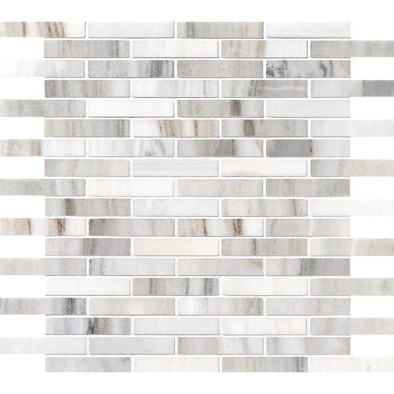 skyline marble staggered joint 5 of 8 by 3 inch rectangle shape natural stone mosaic sheet polished finish 12 by 12 by 3 of 8 straight edge for interior and exterior applications in shower kitchen bathroom backsplash floor and wall produced by marble systems and distributed by surface group international