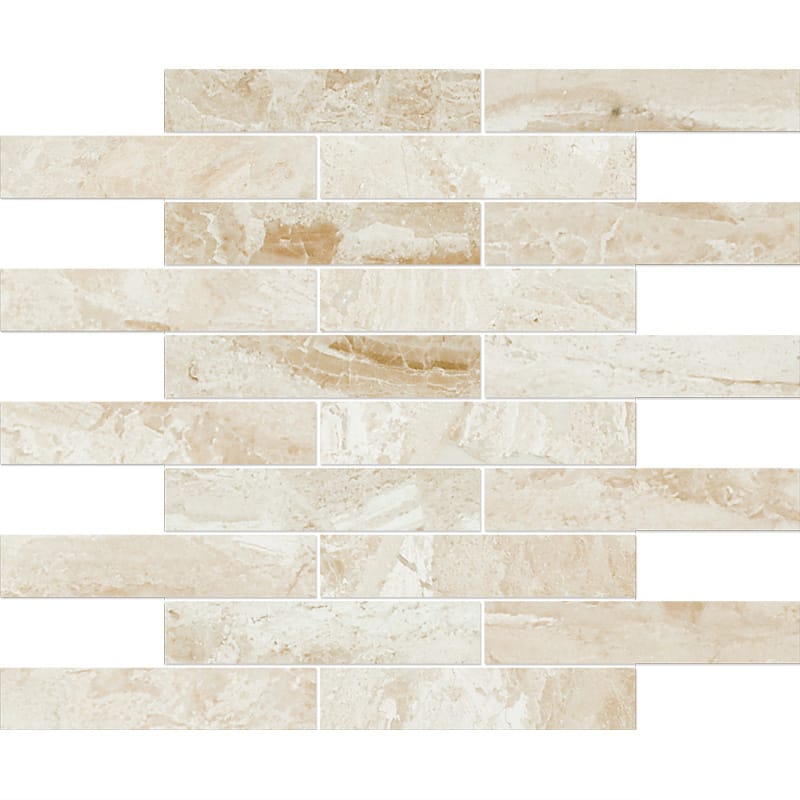diana royal marble staggered joint 1 by 6 inch rectangle shape natural stone mosaic sheet polished finish 12 by 12 by 3 of 8 straight edge for interior and exterior applications in shower kitchen bathroom backsplash floor and wall produced by marble systems and distributed by surface group international