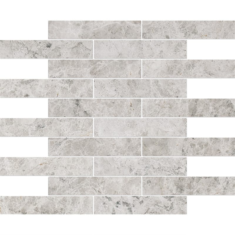 silver shadow marble staggered joint 1 by 6 inch rectangle shape natural stone mosaic sheet honed finish 12 by 12 by 3 of 8 straight edge for interior and exterior applications in shower kitchen bathroom backsplash floor and wall produced by marble systems and distributed by surface group international