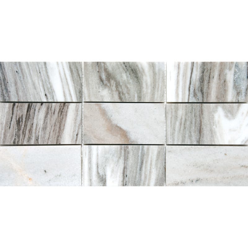 verona blend marble staggered joint 3 by 6 inch rectangle shape natural stone mosaic sheet polished finish 8 and 7 of 16 by 16 and 11 of 16 by  straight edge for interior and exterior applications in shower kitchen bathroom backsplash floor and wall produced by marble systems and distributed by surface group international