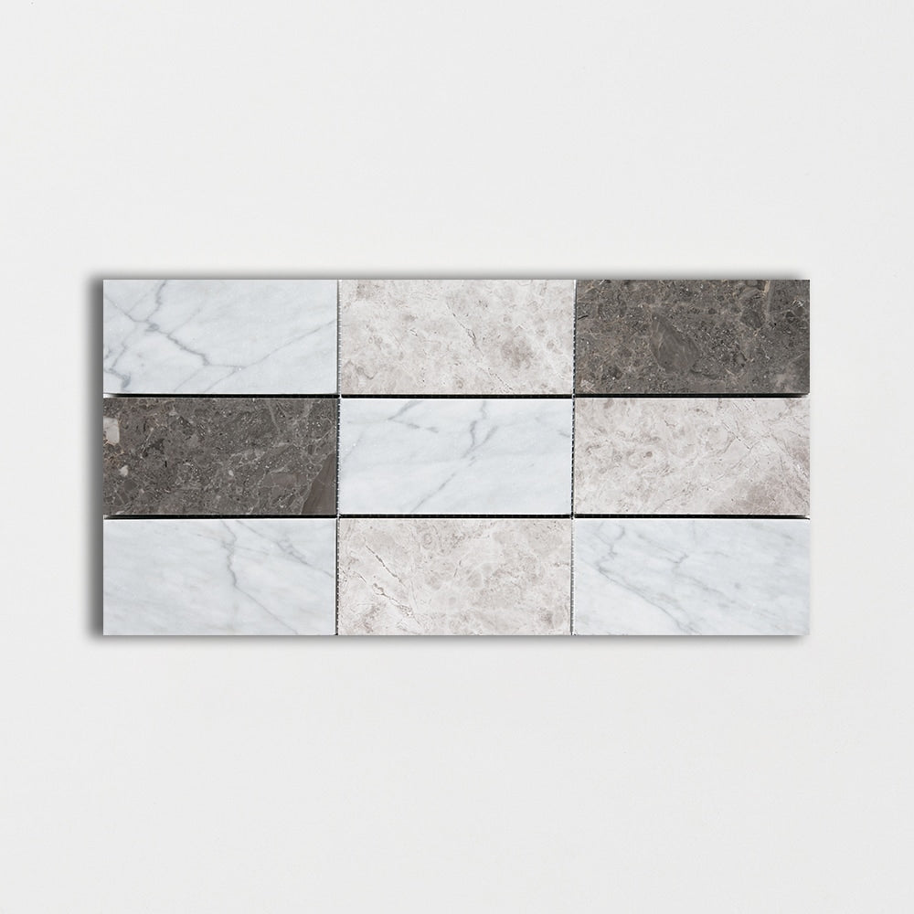 massa blend marble staggered joint 3 by 6 inch rectangle shape natural stone mosaic sheet honed finish 8 and 7 of 16 by 16 and 11 of 16 by  straight edge for interior and exterior applications in shower kitchen bathroom backsplash floor and wall produced by marble systems and distributed by surface group international