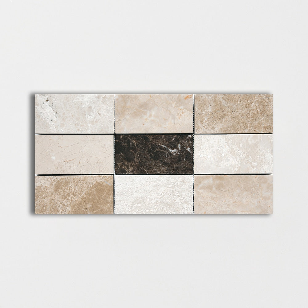 milano dark blend marble modern subway 3 by 6 inch rectangle shape natural stone mosaic sheet polished finish 8 and 7 of 16 by 16 and 11 of 16 by  straight edge for interior and exterior applications in shower kitchen bathroom backsplash floor and wall produced by marble systems and distributed by surface group international