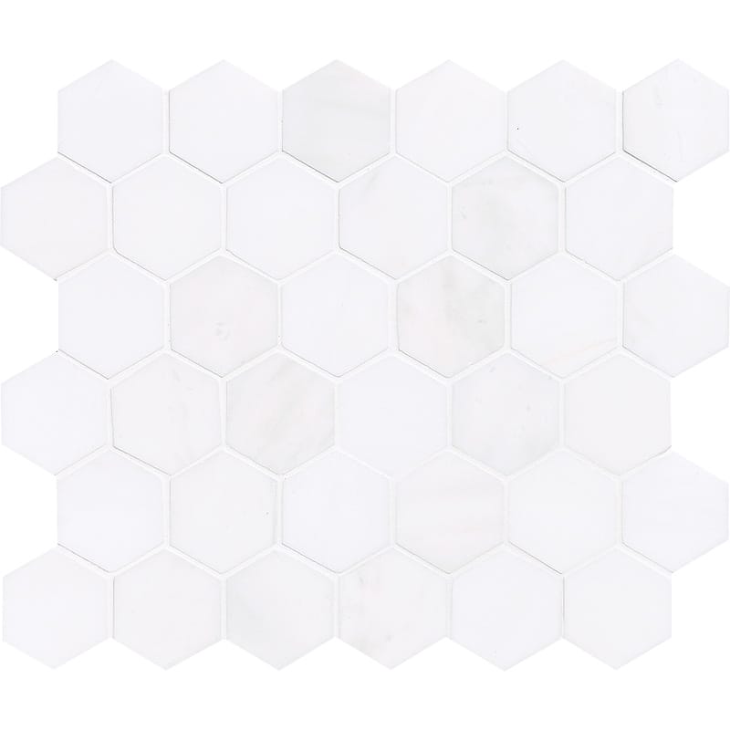 snow white marble hexagon shape shape natural stone mosaic sheet polished finish 10 and 3 of 8 by 12 by 3 of 8 straight edge for interior and exterior applications in shower kitchen bathroom backsplash floor and wall produced by marble systems and distributed by surface group international
