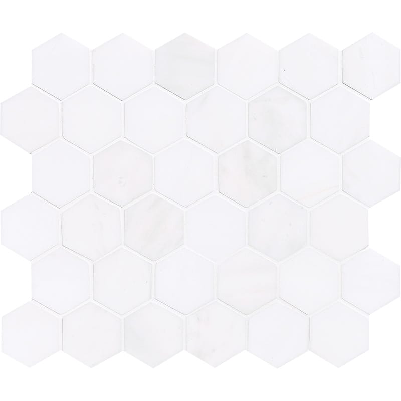 snow white marble hexagon shape shape natural stone mosaic sheet polished finish 10 and 3 of 8 by 12 by 3 of 8 straight edge for interior and exterior applications in shower kitchen bathroom backsplash floor and wall produced by marble systems and distributed by surface group international