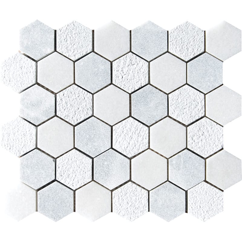 allure light glacier marble hexagon shape shape natural stone mosaic sheet textured 10 and 3 of 8 by 12 by 3 of 8 straight edge for interior and exterior applications in shower kitchen bathroom backsplash floor and wall produced by marble systems and distributed by surface group international