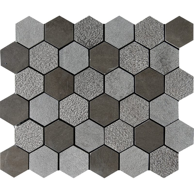 bosphorus limestone hexagon shape shape natural stone mosaic sheet textured 10 and 3 of 8 by 12 by 3 of 8 straight edge for interior and exterior applications in shower kitchen bathroom backsplash floor and wall produced by marble systems and distributed by surface group international