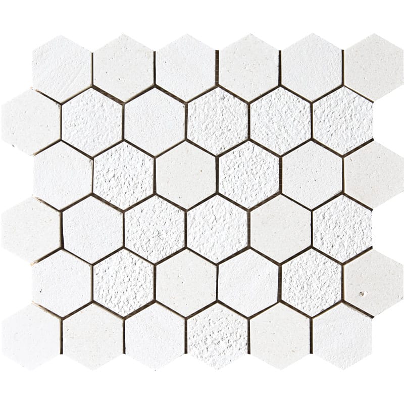 champagne limestone hexagon shape shape natural stone mosaic sheet textured 10 and 3 of 8 by 12 by 3 of 8 straight edge for interior and exterior applications in shower kitchen bathroom backsplash floor and wall produced by marble systems and distributed by surface group international