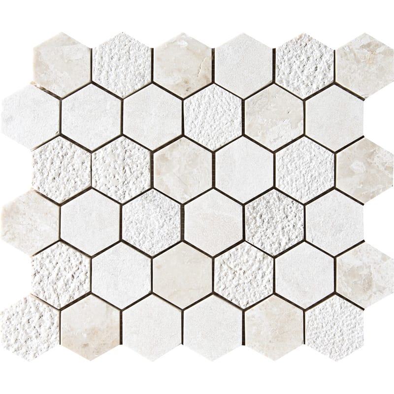 diana royal marble hexagon shape shape natural stone mosaic sheet textured 10 and 3 of 8 by 12 by 3 of 8 straight edge for interior and exterior applications in shower kitchen bathroom backsplash floor and wall produced by marble systems and distributed by surface group international