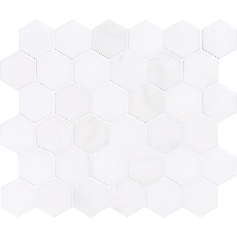 snow white marble hexagon shape shape natural stone mosaic sheet honed finish 10 and 3 of 8 by 12 by 3 of 8 straight edge for interior and exterior applications in shower kitchen bathroom backsplash floor and wall produced by marble systems and distributed by surface group international