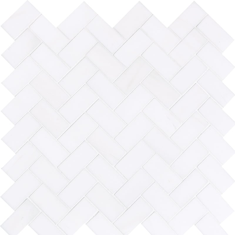 snow white marble herringbone 1 by 2 inch rectangle shape natural stone mosaic sheet honed finish 12 and 1 of 8 by 13 and 3 of 8 by 3 of 8 straight edge for interior and exterior applications in shower kitchen bathroom backsplash floor and wall produced by marble systems and distributed by surface group international