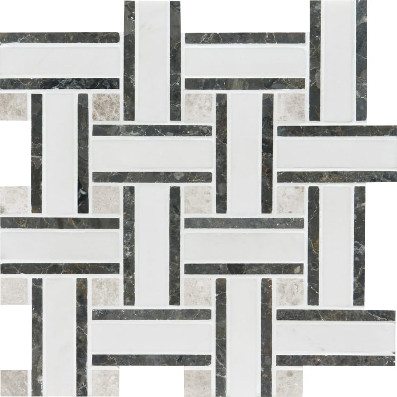 aspen white  paradise marble lattice multi shape natural stone mosaic sheet polished finish 12 by 12 by 3 of 8 straight edge for interior and exterior applications in shower kitchen bathroom backsplash floor and wall produced by marble systems and distributed by surface group international