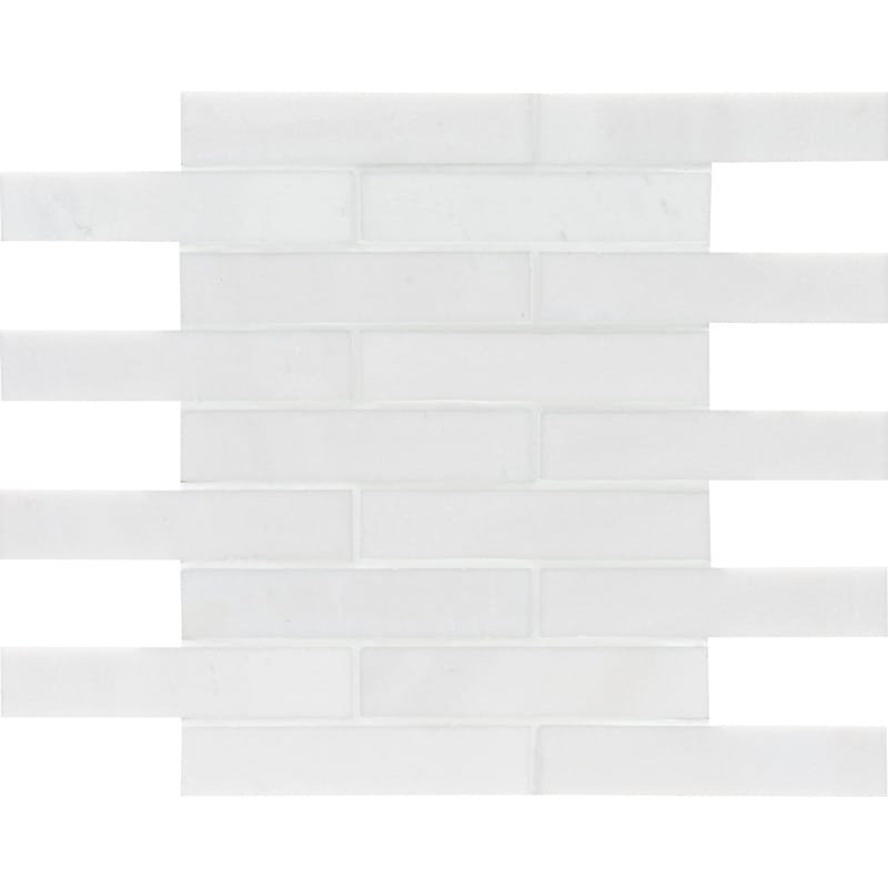 aspen white marble staggered joint 1 by 6 inch rectangle shape natural stone mosaic sheet polished finish 12 by 12 by 3 of 8 straight edge for interior and exterior applications in shower kitchen bathroom backsplash floor and wall produced by marble systems and distributed by surface group international