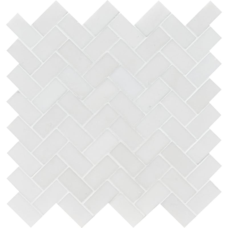 aspen white marble herringbone 1 by 2 inch rectangle shape natural stone mosaic sheet polished finish 12 and 1 of 8 by 13 and 3 of 8 by 3 of 8 straight edge for interior and exterior applications in shower kitchen bathroom backsplash floor and wall produced by marble systems and distributed by surface group international