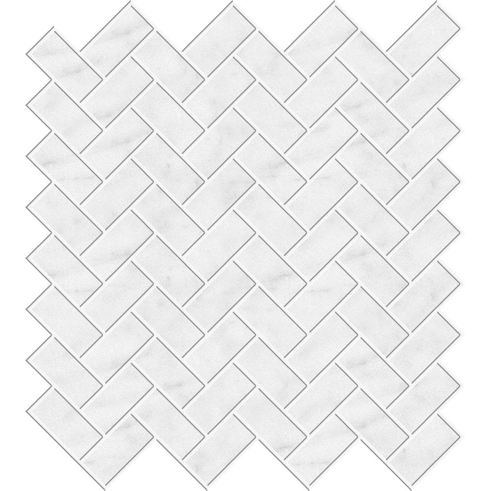 glacier marble herringbone 1 by 2 inch rectangle shape natural stone mosaic sheet honed finish 12 and 1 of 8 by 13 and 3 of 8 by 3 of 8 straight edge for interior and exterior applications in shower kitchen bathroom backsplash floor and wall produced by marble systems and distributed by surface group international