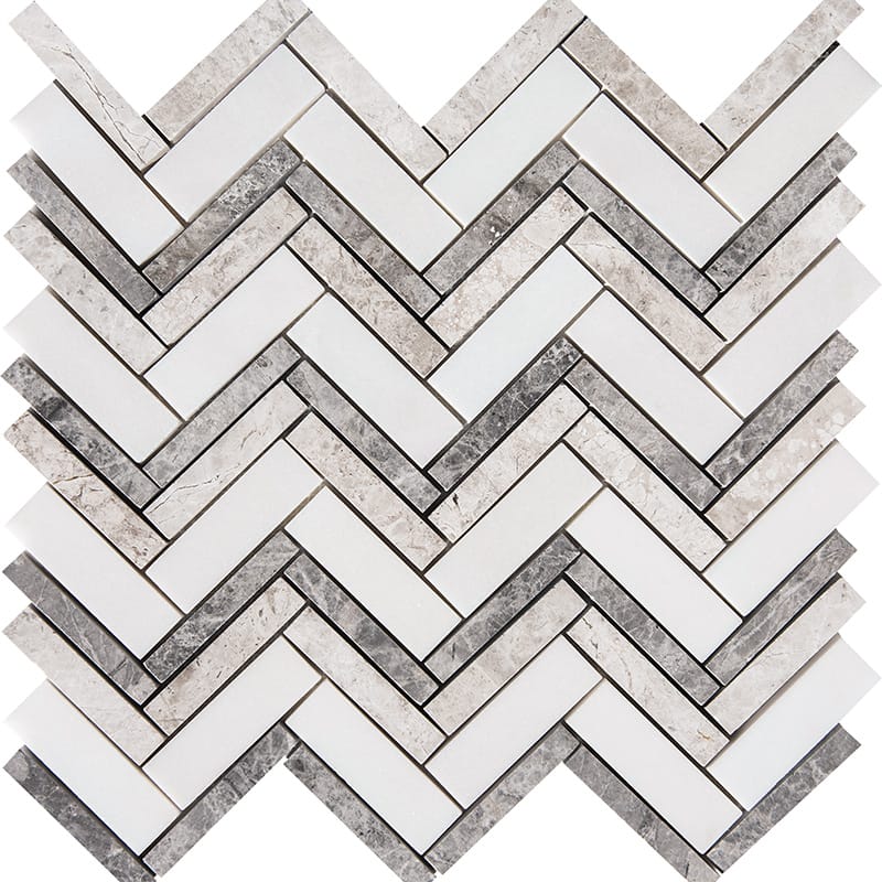 granada blend marble thin herringbone rectangle shape natural stone mosaic sheet polished finish 13 by 14 by 3 of 8 straight edge for interior and exterior applications in shower kitchen bathroom backsplash floor and wall produced by marble systems and distributed by surface group international