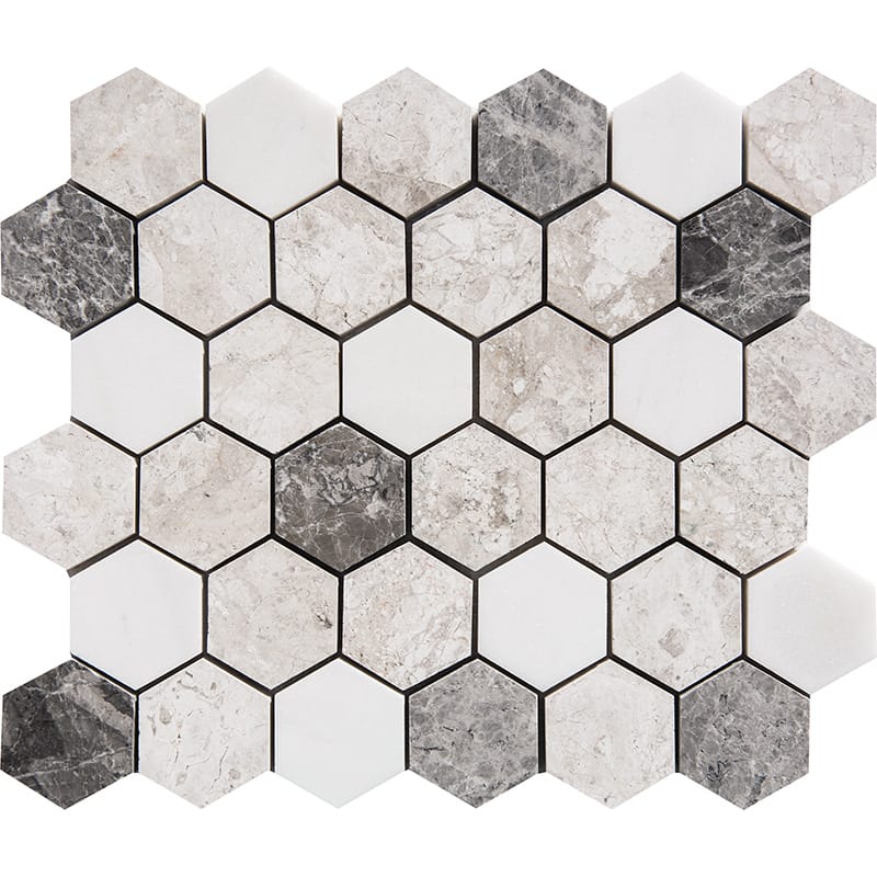 granada blend marble hexagon shape shape natural stone mosaic sheet polished finish 10 and 3 of 8 by 12 by 3 of 8 straight edge for interior and exterior applications in shower kitchen bathroom backsplash floor and wall produced by marble systems and distributed by surface group international