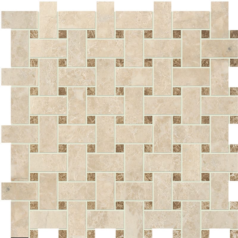 cappuccino marble basketweave 1 by 2 inch multi shape natural stone mosaic sheet polished finish 12 by 12 by 3 of 8 straight edge for interior and exterior applications in shower kitchen bathroom backsplash floor and wall produced by marble systems and distributed by surface group international