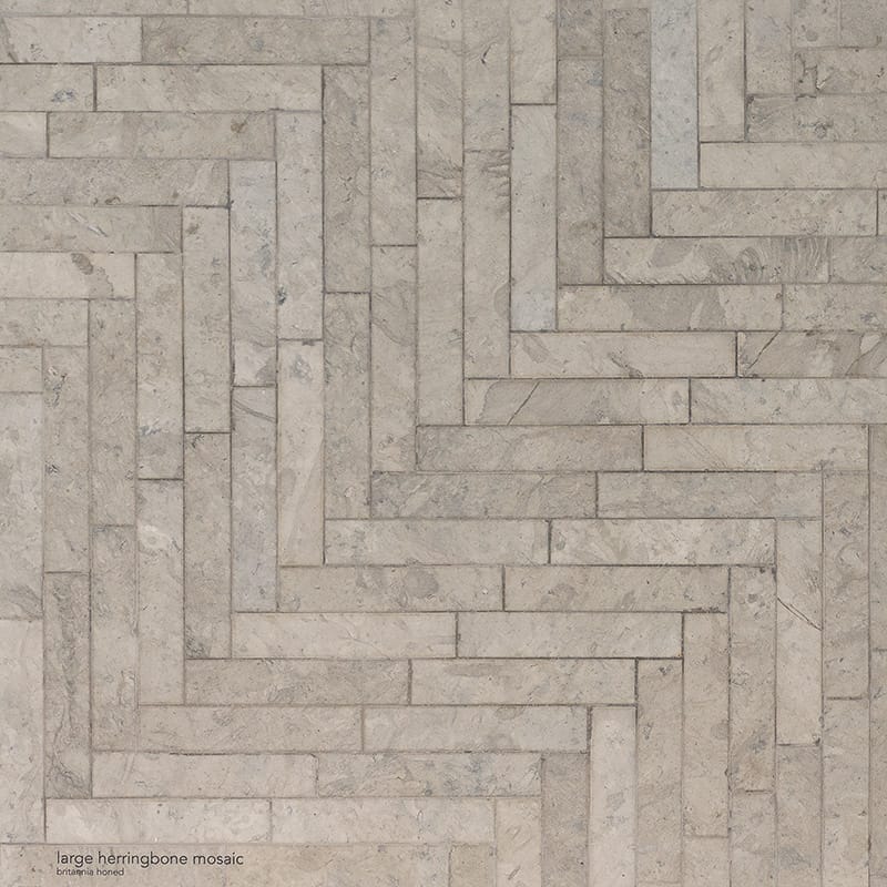 britannia limestone large herringbone rectangle shape natural stone mosaic sheet honed finish 12 and 7 of 8 by 8 and 9 of 16 by  straight edge for interior and exterior applications in shower kitchen bathroom backsplash floor and wall produced by marble systems and distributed by surface group international