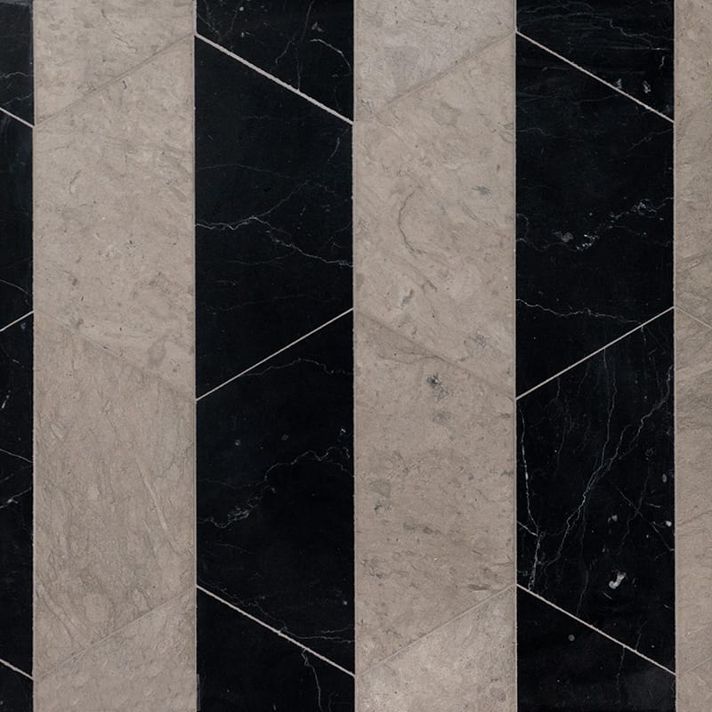 britannia black marble limestone natural stone pattern tile mcm hexagon shape mcm hexagon shape honed finish 8 by side diameterx3 of 8 straight edge for interior and exterior applications in shower kitchen bathroom backsplash floor and wall produced by marble systems and distributed by surface group international